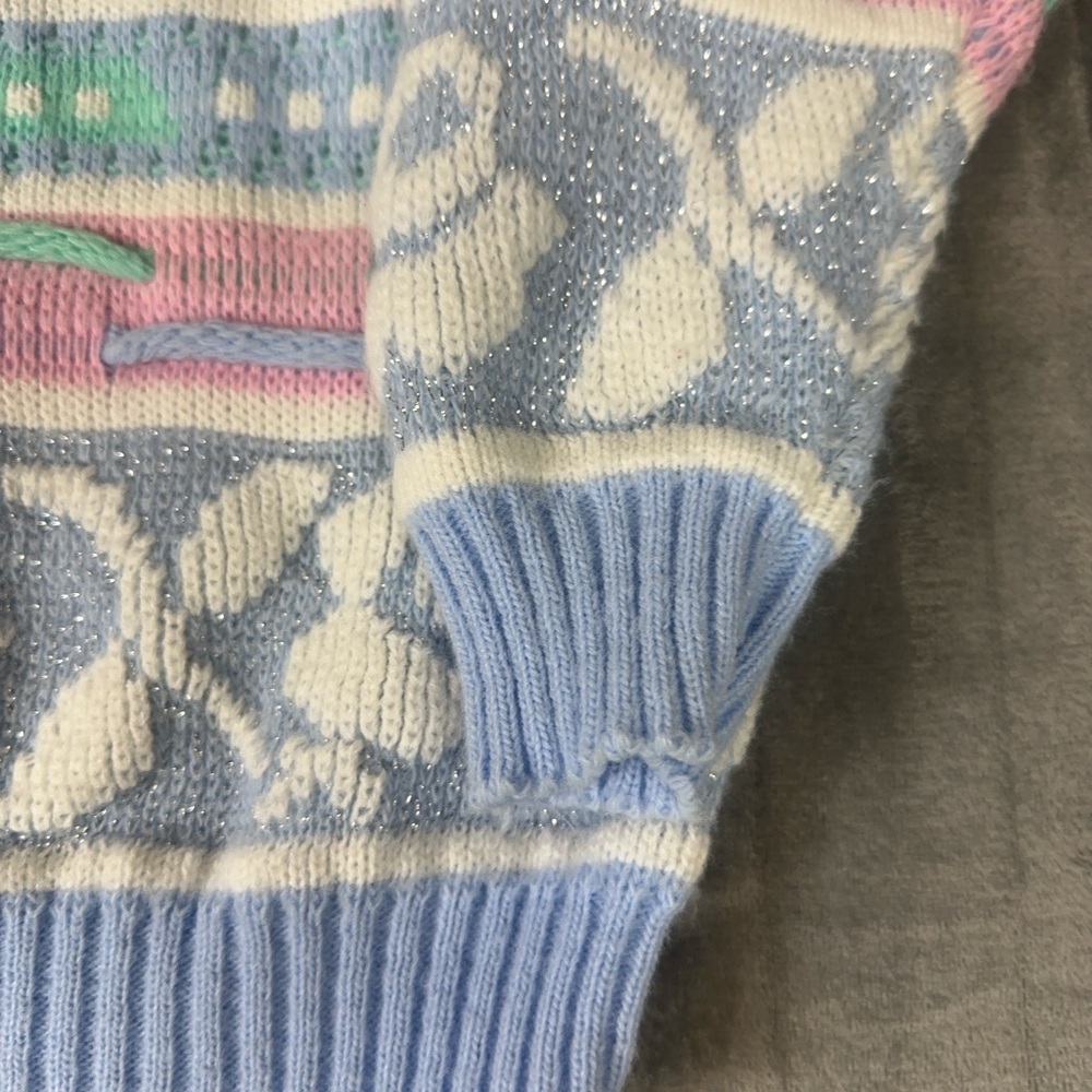 VTG 80s 90s Rose Textured 3D Knit Sweater Wms M NO SIZE TAG USA Pastel Glitter - Picture 13 of 14